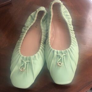 Coach Mint Green Leather Ballet Flats with Ruched Trim.Worn two time.Size 9.5.